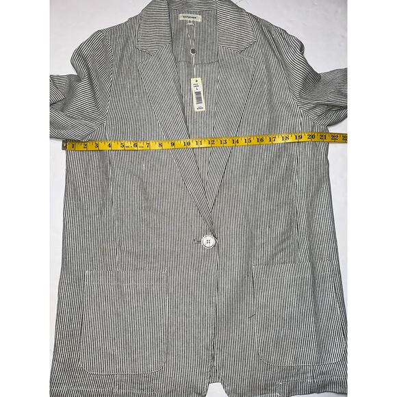 Max Studio Women’s Size Large Striped Linen Blend Blazer 3/4 Ruched Sleeves - Picture 5 of 8